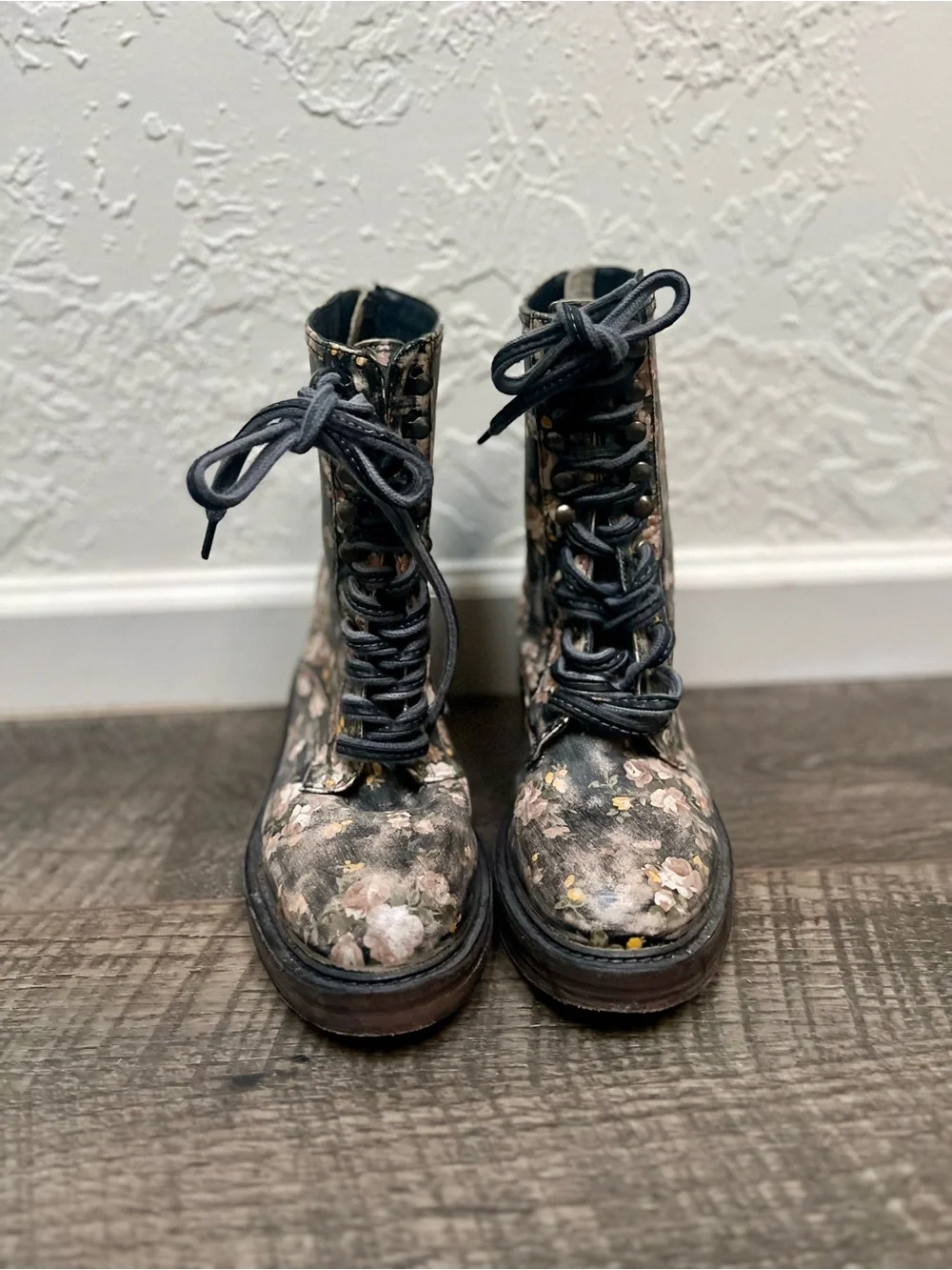 Free People Black Floral Lace-Up Combat Boots